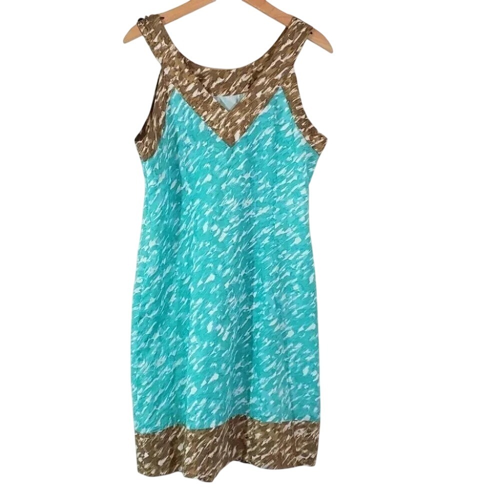 Signature by Robbie Bee Shift Dress 12 Turquoise Brown Beaded Embellished Cotton